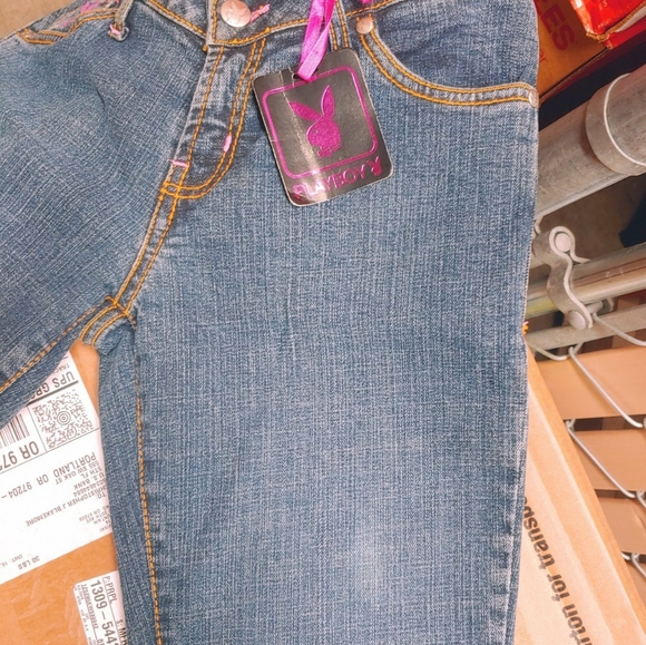 Y2k Deadstock Bedazzled Pink Embroidered Low-rise Playboy Jeans - Picture 3 of 7
